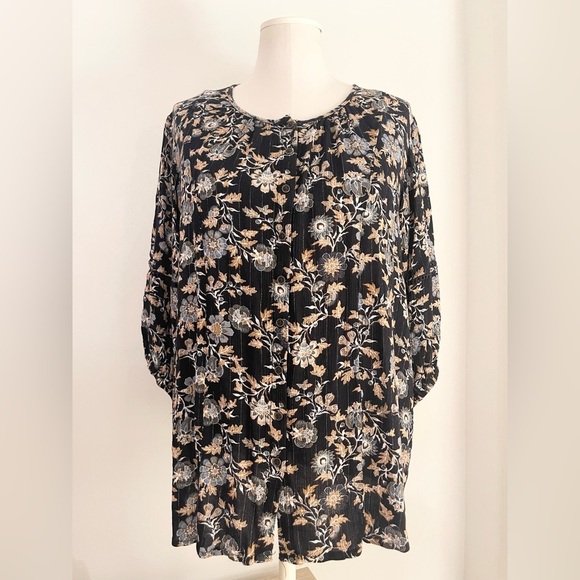 Knox Rose Tops - Knox Rose Women’s Black and Cream Floral Blouse | Size XXL
